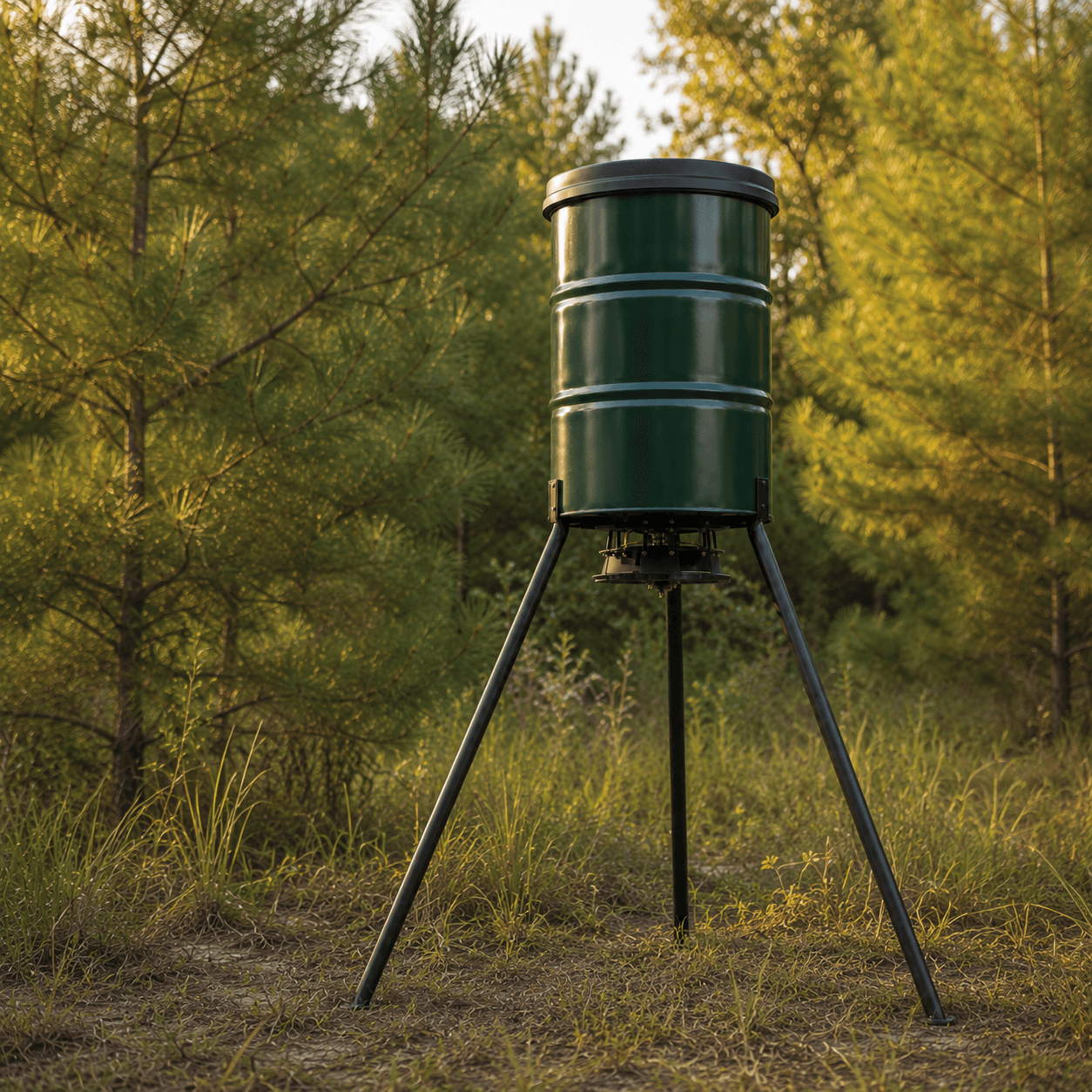 Custom green deer feeder on tripod legs with feed spinner in Southeast Texas woods