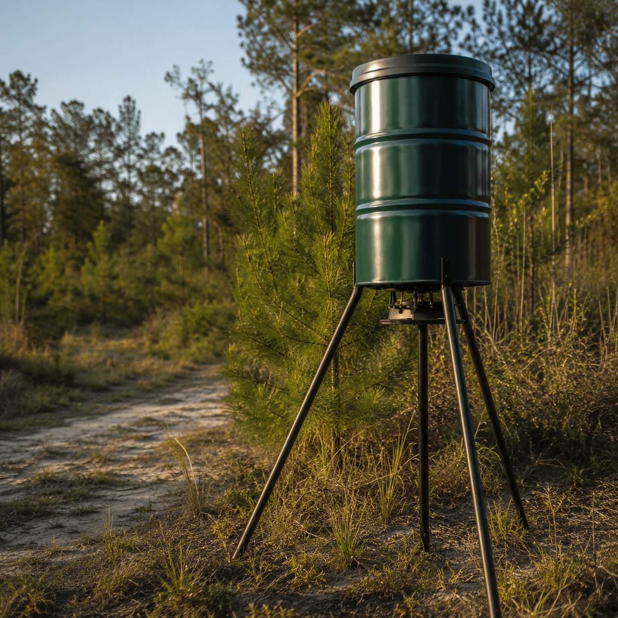 Custom deer feeder standing in Southeast Texas pine woods