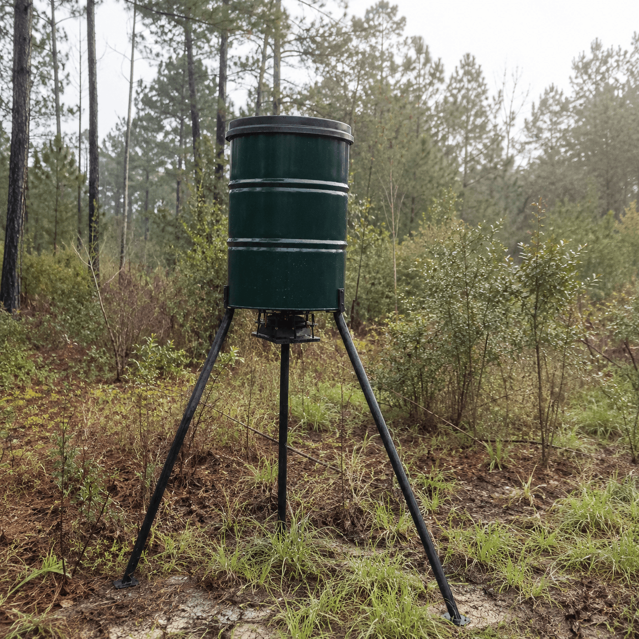 Close-up of a custom green barrel deer feeder