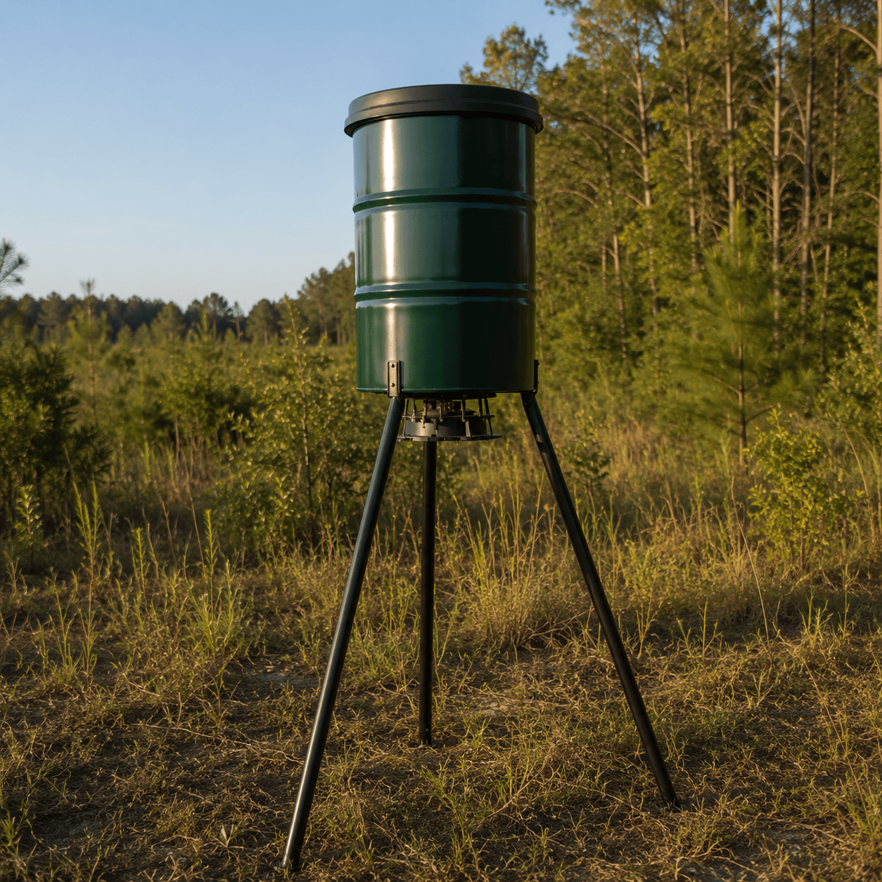 Deer feeder in a field with deer nearby