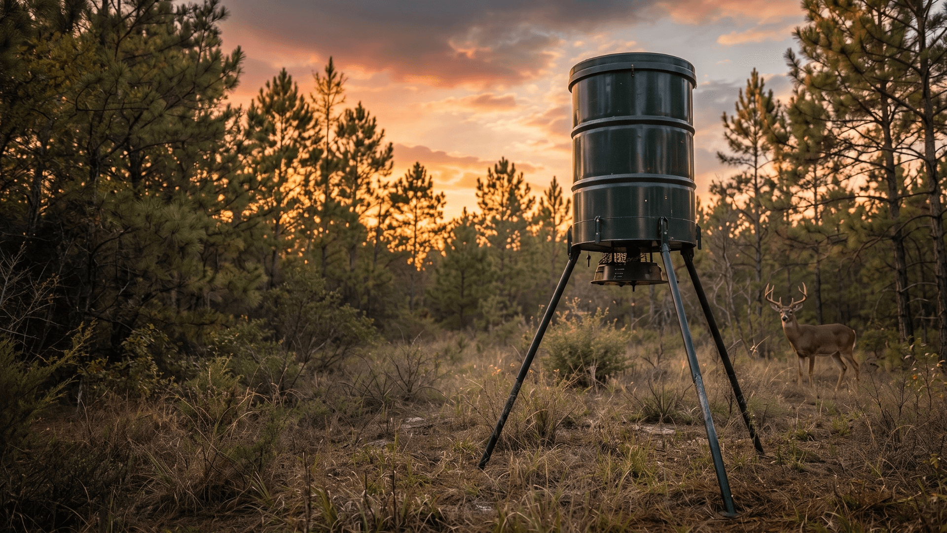 Custom green tripod deer feeder in Southeast Texas pine woods at sunset with a whitetail buck nearby
